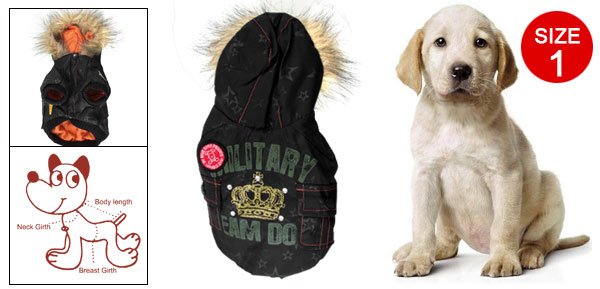 Black Press Studs Vertical Pockets Lining Hooded Coat Size 1 for Pet Dog
