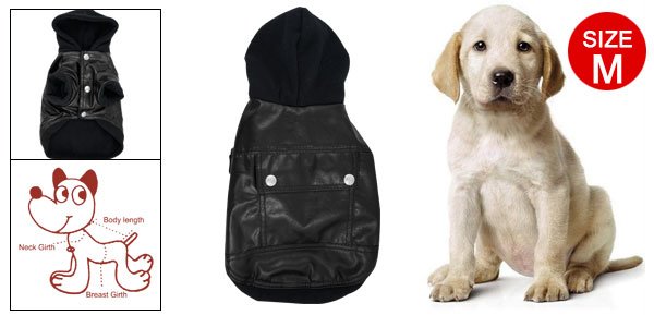Black Hooded Faux Leather Jacket Coat M for Dog Pet