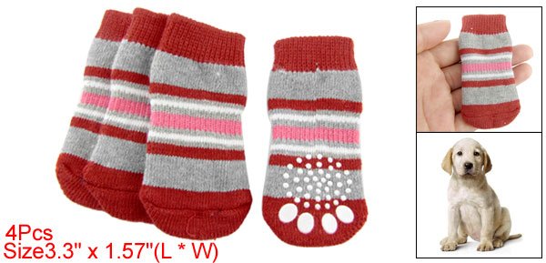 Red Gray Striped Nonslip Knitting Warm Socks for Pet dog