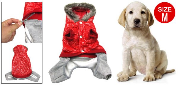 Dog Red Winter Hoodie Coat Faux Leather Top Jumpsuit Pet Apparel M
