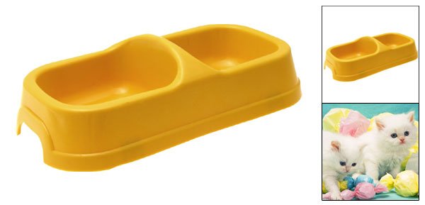 Yellow Plastic Double Square Bowls Dog Cat Pet Food Water Feeder Dish