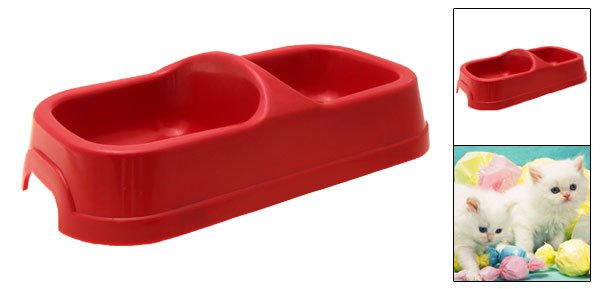 Red Plastic Double Square Bowls Dog Cat Pet Food Water Feeder Dish
