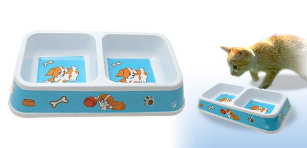 Dual Square Pet Cat Dog Bowl Feeder Food Water Dish Sky Blue