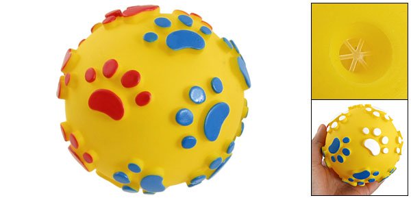 Pet Doggie Chew Paw Print Accent Yellow Ball-Shaped Squeaky Toy