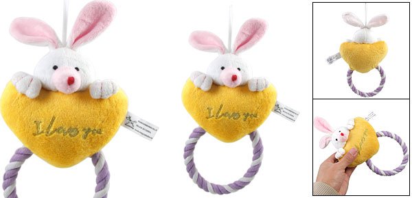 Squeaky Rabbit Puppy Plush Squeaker Toy w Tug Rope for Pet Dog