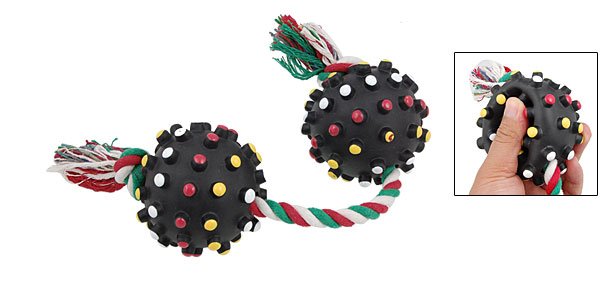 Braided Rope w 2 Black Balls Pet Dog Squeaky Tug Chew Toy