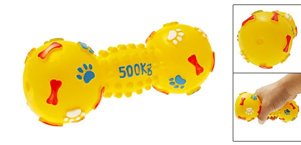 Yellow Vinyl Pet Dog Cat Squeak Squeaky Toy with Dumbbell Pattern