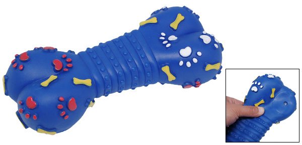 Blue Vinyl Squeaky Bone Pet Dog Cat Squeak Toy with Bones and Paws Printed