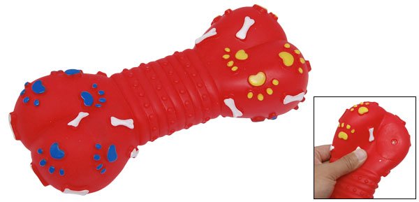 Vinyl Squeaky Bone Pet Dog Cat Squeak Toy with Bones and Paws Printed Red