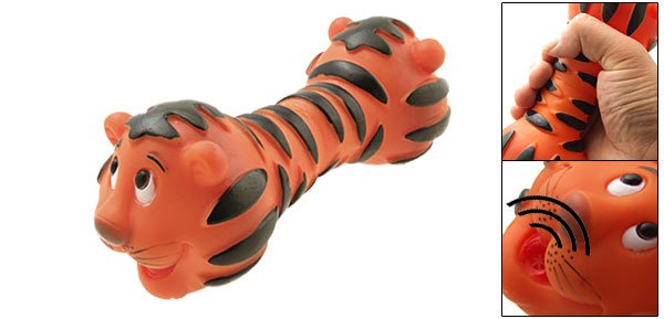 Cartoon Tiger Head Squeaky Dumbbell Dog Pet Chew Toy Orange and Black