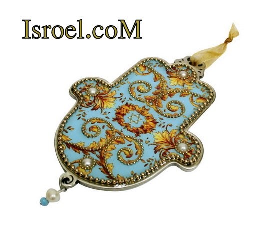 73957 - PEWTER HAMSA 12 CM, HAND DECORATED- MAGEN DAVID-CHAMSA GIFT BY ISROEL.COM