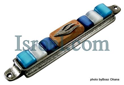 70558 - PEWTER MEZUZAH 10CM BLUE STONES, ISRAEL JUDAICA MEZUZA FOR PROTECTION BY ISROEL.COM
