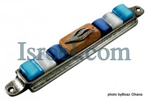 70558 - PEWTER MEZUZAH 10CM BLUE STONES, ISRAEL JUDAICA MEZUZA FOR PROTECTION BY ISROEL.COM