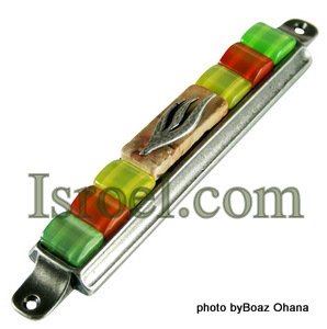 70562 - PEWTER MEZUZAH 10CM GREEN-ORANGE STONES, ISRAEL JUDAICA MEZUZA FOR PROTECTION BY ISROEL.COM