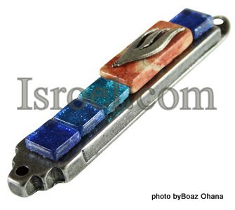 70563 - PEWTER MEZUZAH 7CM METALIC BLUE STONES, ISRAEL JUDAICA MEZUZA FOR PROTECTION BY ISROEL.COM