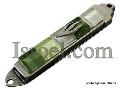 70603 - 7CM PEWTER MEZUZAH GREEN AND STONES 7CM, ISRAEL JEWISH JUDAICA MEZUZA BY ISROEL.COM