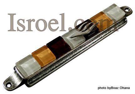 70604 -7CM PEWTER MEZUZAH BROWN STONES 7CM, ISRAEL JEWISH JUDAICA MEZUZA BY ISROEL.COM