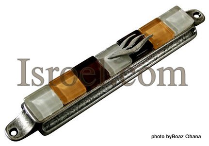 70605 -10CM PEWTER MEZUZAH BROWN STONES 10CM, ISRAEL JEWISH JUDAICA MEZUZA BY ISROEL.COM