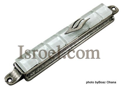 70640-7CM PEWTER MEZUZAH + STONES, JUDAICA MEZUZA BY ISROEL.COM