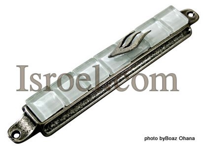 70641-10CM PEWTER MEZUZAH + STONES, JUDAICA MEZUZA BY ISROEL.COM