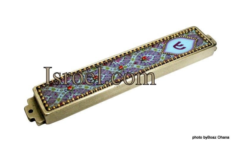 DESIGNER MEZUZAH 73962 - PEWTER MEZUZAH 7CM, HAND DECOR PURPLE ,ISRAELI JUDAICA MEZUZA BY ISROEL.COM