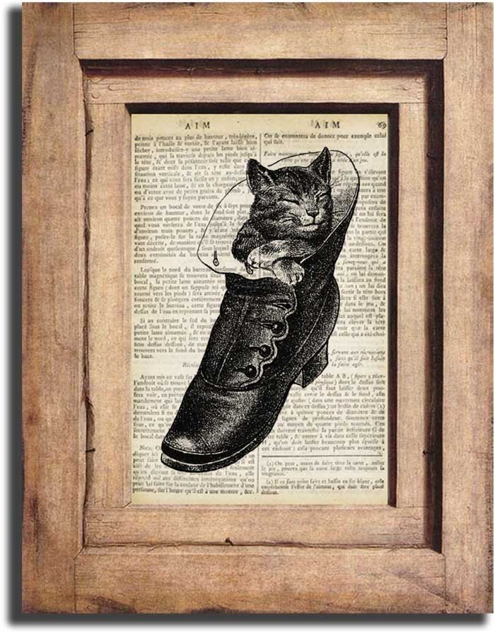 Art Print, Vintage Kitten in Boot Dictionary Print 0001