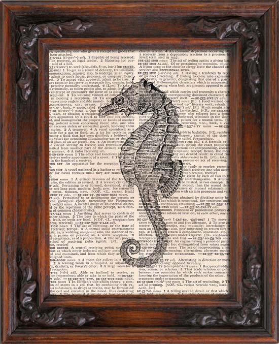 Art Print, SEAHORSE, Vintage, Dictionary Page Print 0123