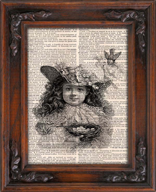 Art Print, Vintage, Girl holding Bird Nest, Dictionary Page Print 0096