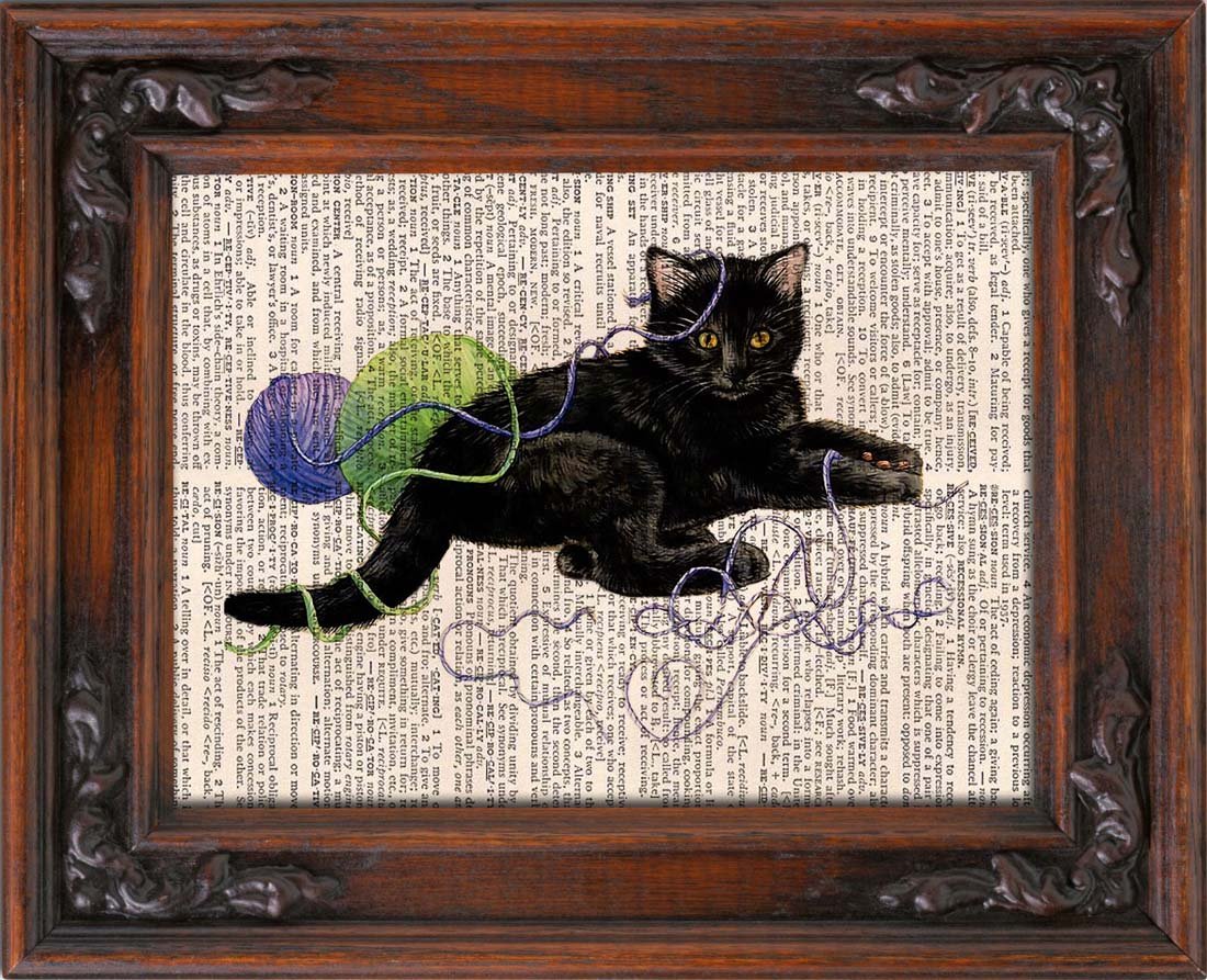 Art Print, Kitten Playing, Vintage, Dictionary Page Print 0114