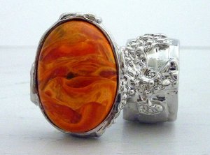 Arty Oval Ring Orange Marble Swirl Silver Chunky Armor Knuckle Art Statement Cage Deco Size 5