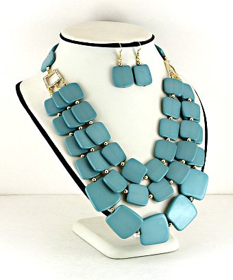 Sky Blue Squares Bib Necklace Earrings Set Layered Beads Gold Crystal