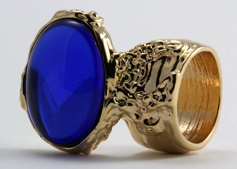 Arty Oval Ring Sapphire Blue Vintage Glass Gold Chunky Armor Knuckle Art Statement Deco Size 8