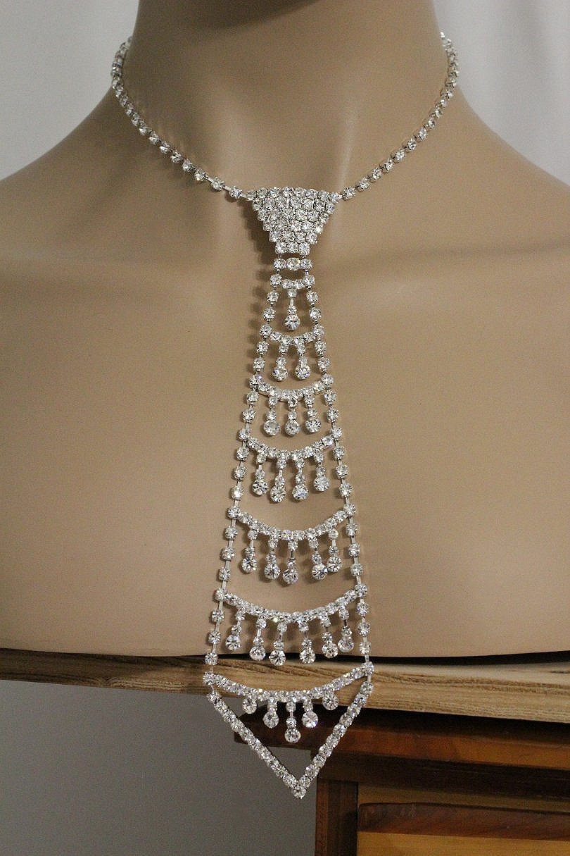 Rhinestone Tie Necklace Silver Fashion Woman Metal Large ...