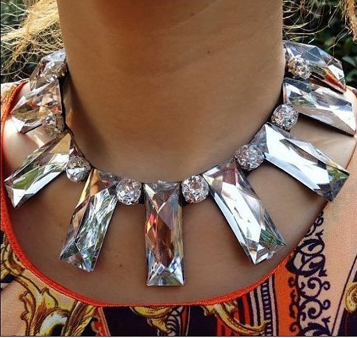 Collar Statement Necklace Choker Chunky Clear Faceted Acrylic Beads Black Felt Material Tie Ribbon