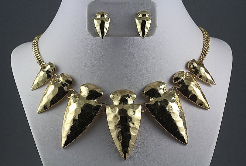 Arrow Necklace & Earrings Set Hammered Metal Spikes Arrowheads Boho Tribal Gold Statement
