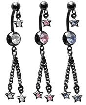 Black Surgical Stainless Steel Belly / Navel Ring with Dangling Stars