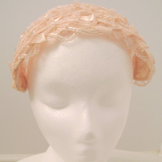Vintage Headpiece/ Hat Pink Ribbon Lace