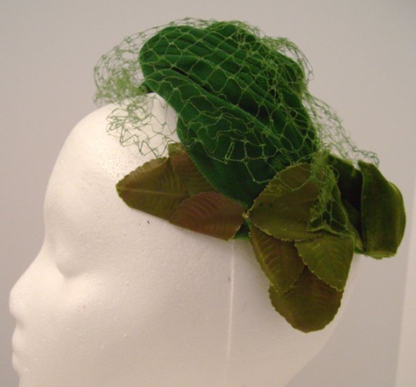 Vintage Headpiece/ Hat Green Velvet, Leaves & Net