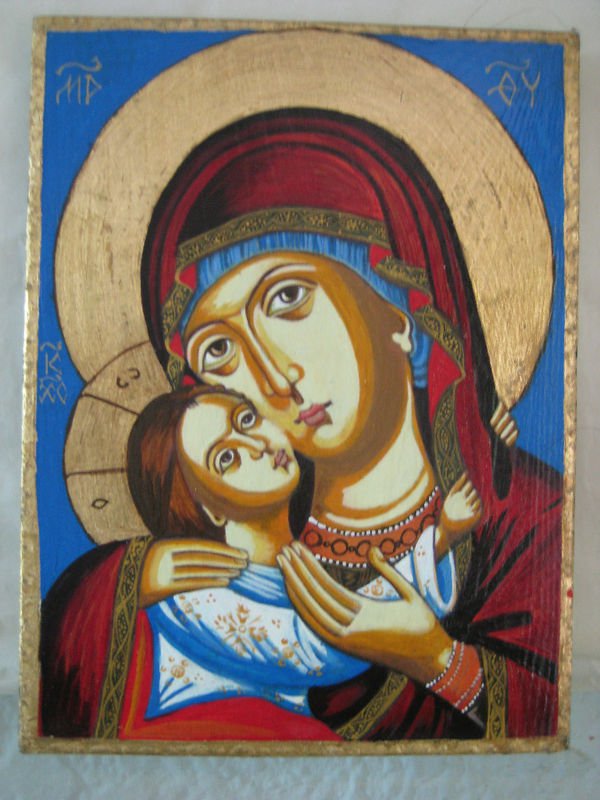 Icon Wood Handpainted Virgin Mary Christ Jesus Gold