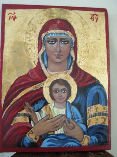 Handpainted Icon Virgin Mary Christ Jesus Wood Gold