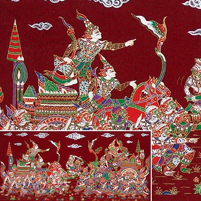 THAI SILK Large Silkscreen Wall Hanging KINGS in BATTLE #15 Red – FREE Shipping WORLDWIDE