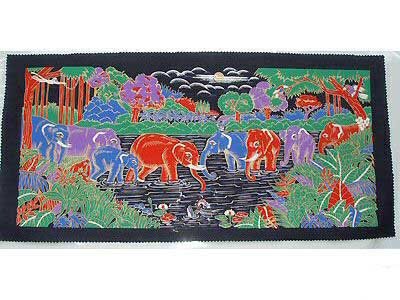 THAI SILK Large Silkscreen Wall Hanging ELEPHANT WATERING HOLE #14 – FREE Shipping WORLDWIDE
