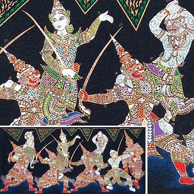 THAI SILK Large Silkscreen Wall Hanging SIAM KHON DANCERS #12 – FREE Shipping WORLDWIDE