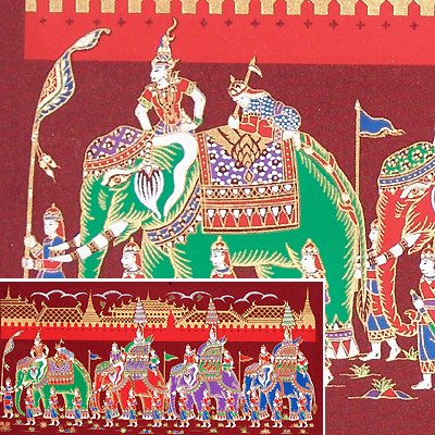 THAI SILK Large Silkscreen Wall Hanging GRAND PALACE ELEPHANTS Red #11 – FREE Shipping WORLDWIDE
