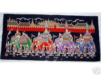 THAI SILK Large Silkscreen Wall Hanging GRAND PALACE ELEPHANTS #11 – FREE Shipping WORLDWIDE