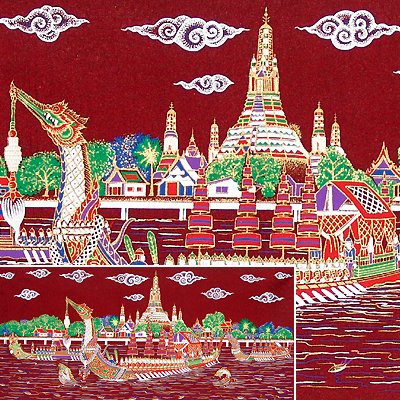 THAI SILK Large Silkscreen Wall Hanging ROYAL BARGES #10 Red – FREE Shipping WORLDWIDE