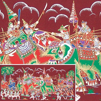 THAI SILK Large Silkscreen Wall Hanging ELEPHANT WAR BATTLE #9 Red – FREE Shipping WORLD