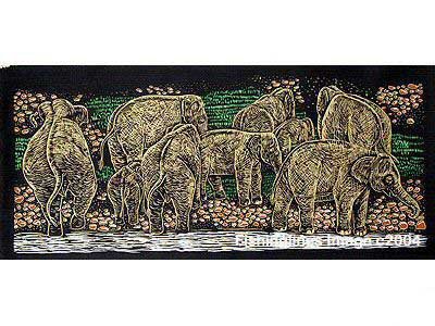 THAI SILK Large Silkscreen Wall Hanging ELEPHANTS at RIVER BANK #7 – FREE Shipping WORLDWIDE