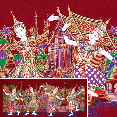THAI SILK Large Silkscreen Wall Hanging SIAM VILLAGE DANCERS #3 Red – FREE Shipping WORLDWIDE