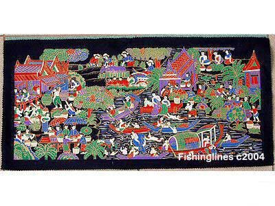 THAI SILK Large Silkscreen Wall Hanging LIFE at the RIVER #1 – FREE Shipping WORLDWIDE